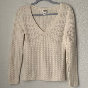 Talbots White V-Neck Cable Knit Wool Cashmere Angora Cotton Nylon Sweater Size S